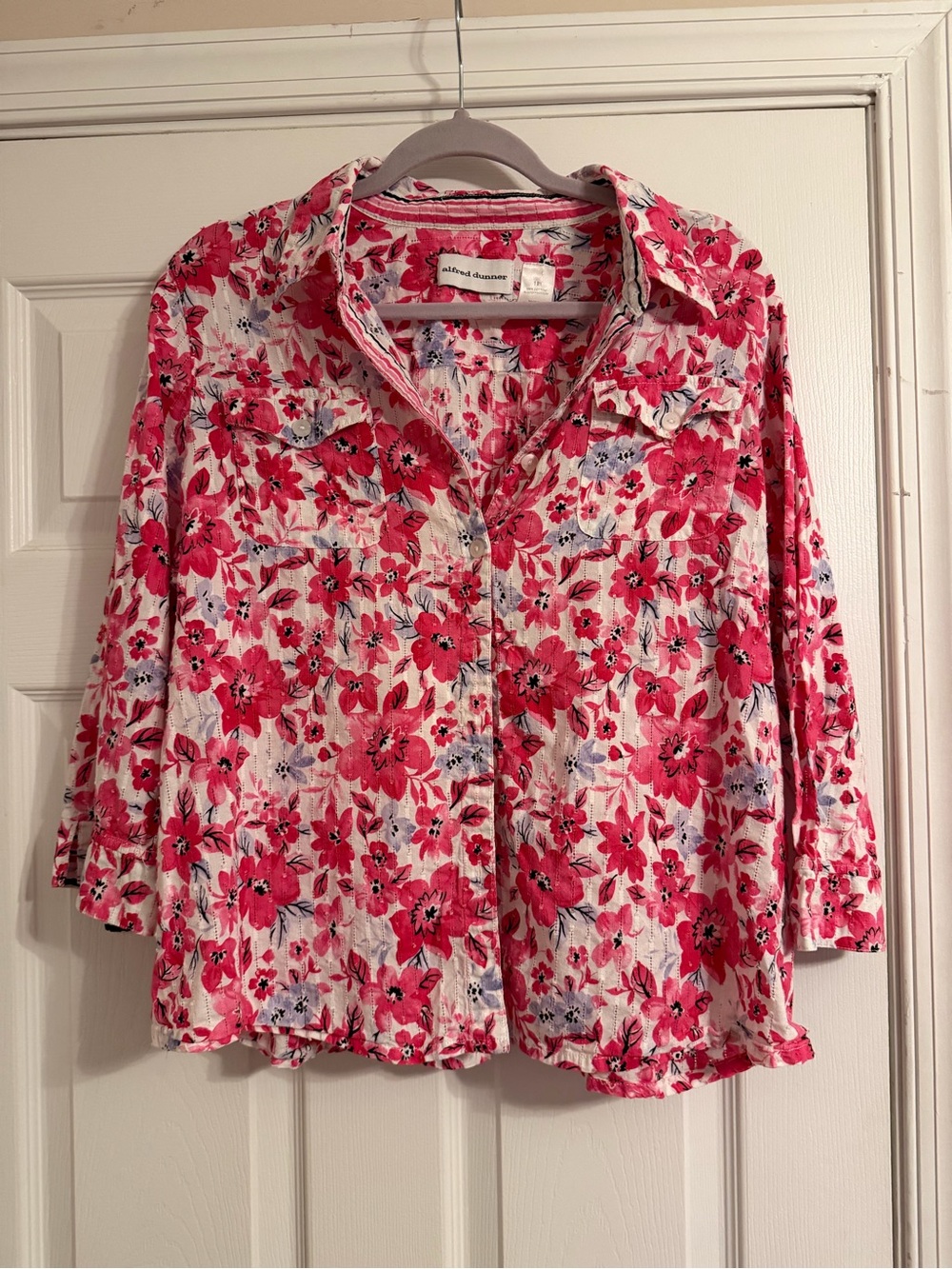Alfred Dunner Pink and White Floral Button-Down Shirt